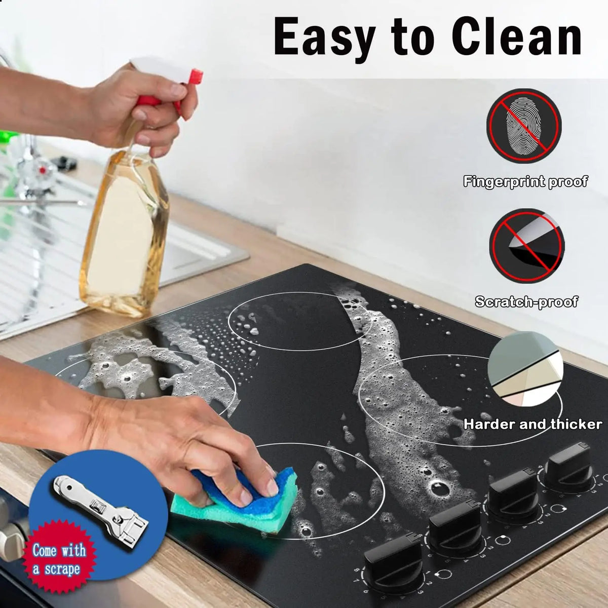 4 Burner Electric Cooktop 6000W Built In Hob with Knob Control Residual Heat Indicator