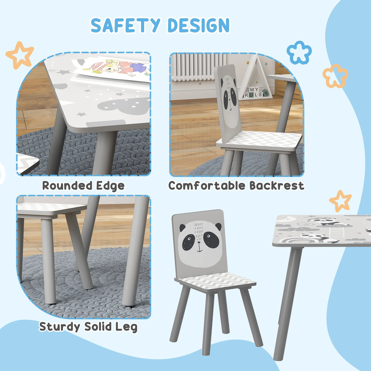 Kids Table and Chair Set Toddler Table with 2 Chairs 3 Pieces Grey