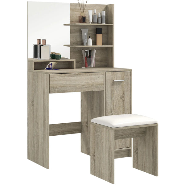 Dressing Table with Copper Free Mirror 3 Upper Shelves Drawer Cupboard and Padded Faux Leather Stool
