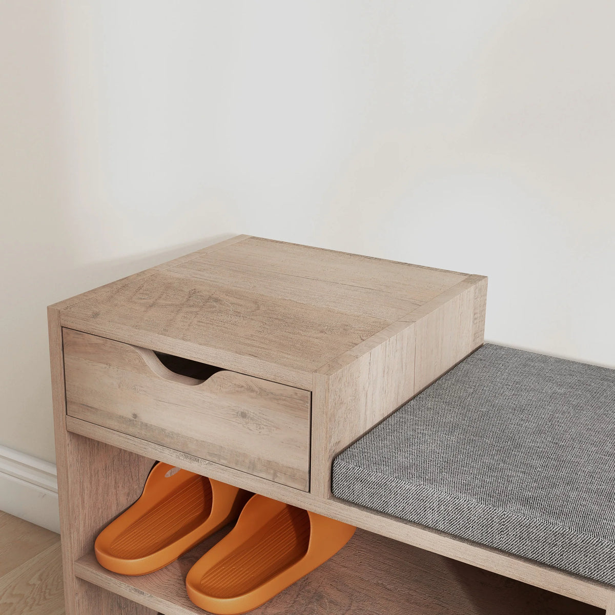 Upholstered Hallway Shoe Storage Bench with Drawer and Open Shelves