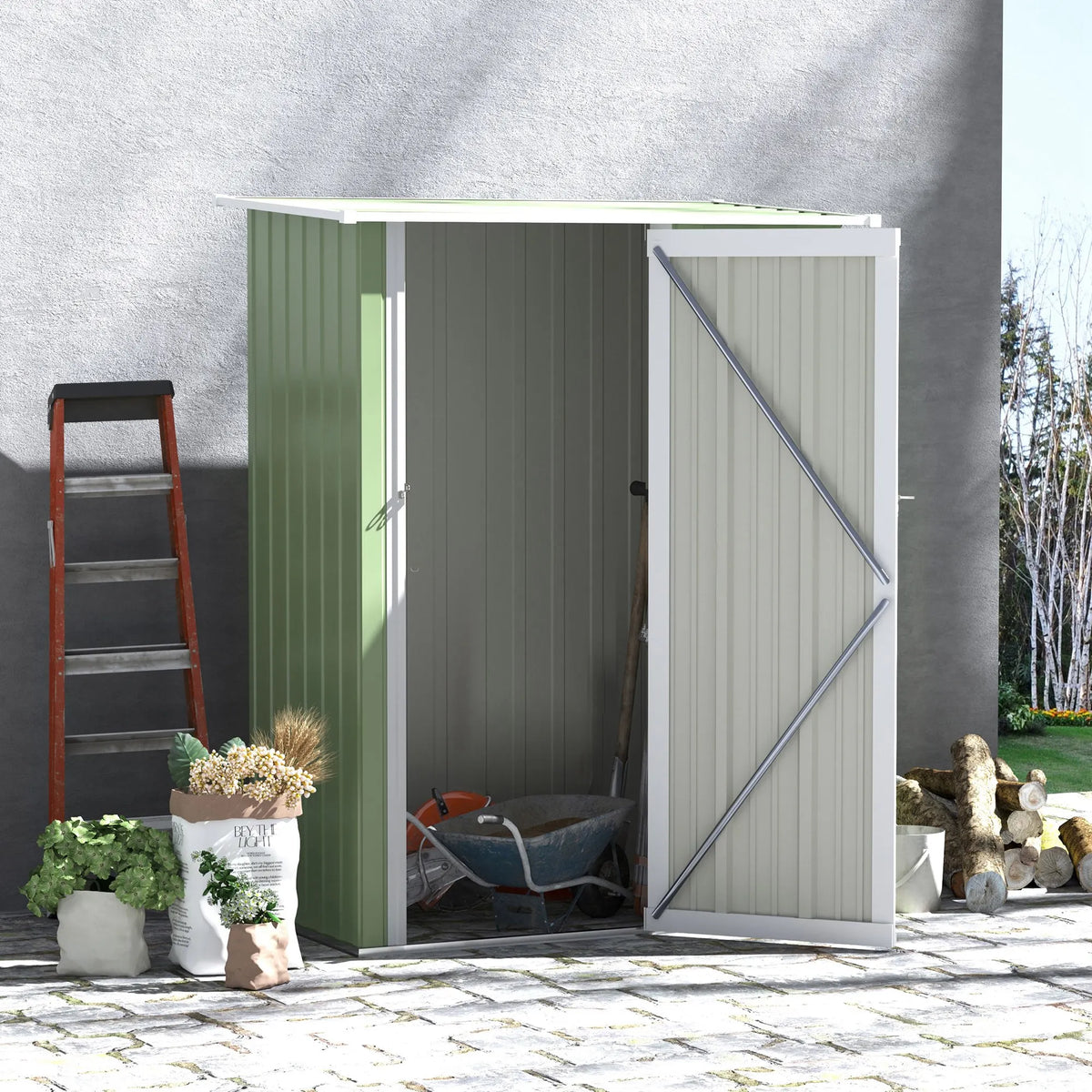Outdoor Storage Shed, Steel Garden Shed with Lockable Door for Backyard, Light Green