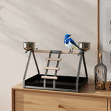 Portable Bird Stand with Stainless Steel Base Wood Perch Ladder and Two Feeding Bowls for Parrots and Macaws