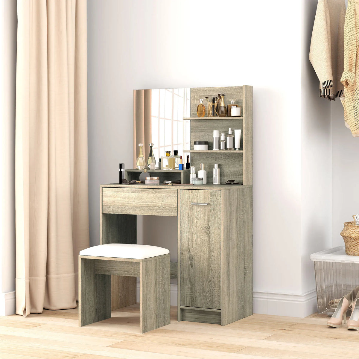 Dressing Table with Copper Free Mirror 3 Upper Shelves Drawer Cupboard and Padded Faux Leather Stool