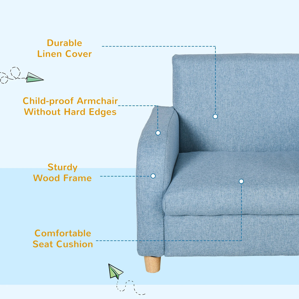 Kids Armchair with Wood Frame High Armrests Linen Upholstery and Anti Slip Stump Feet for Playroom