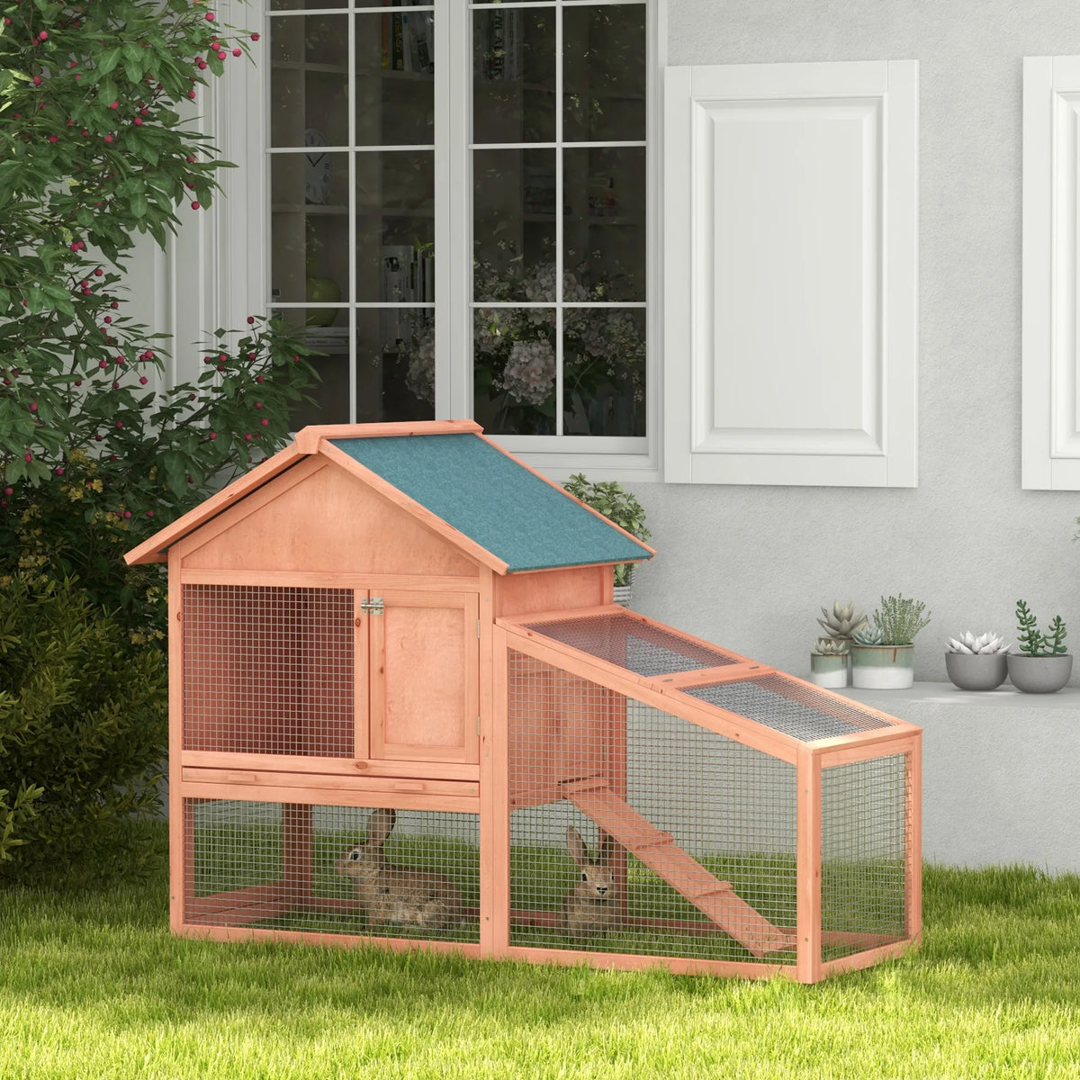 Large Rabbit Hutch with 2 Level House Side Room and Outdoor Run Fir Wood Tilted Asphalt Roof Natural
