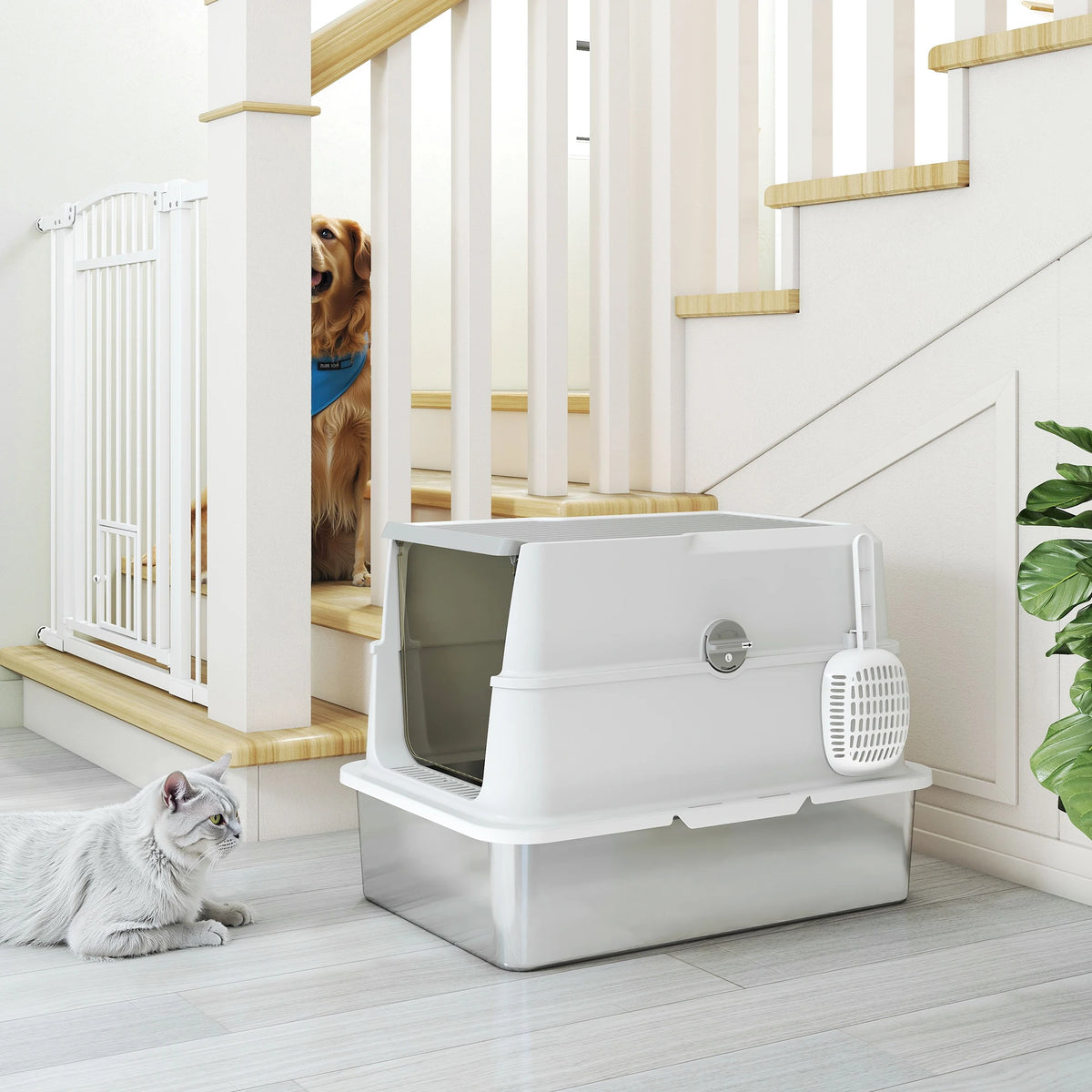 Extra Large Stainless Steel Cat Litter Tray with Scoop, Flip Top