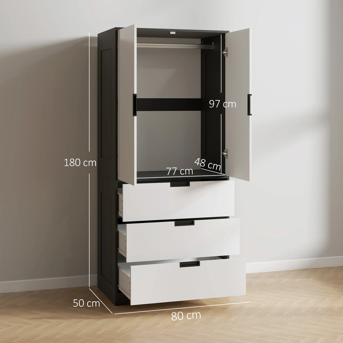 2 Door Wardrobe with 3 Drawers and Hanging Rail, Black and High Gloss White