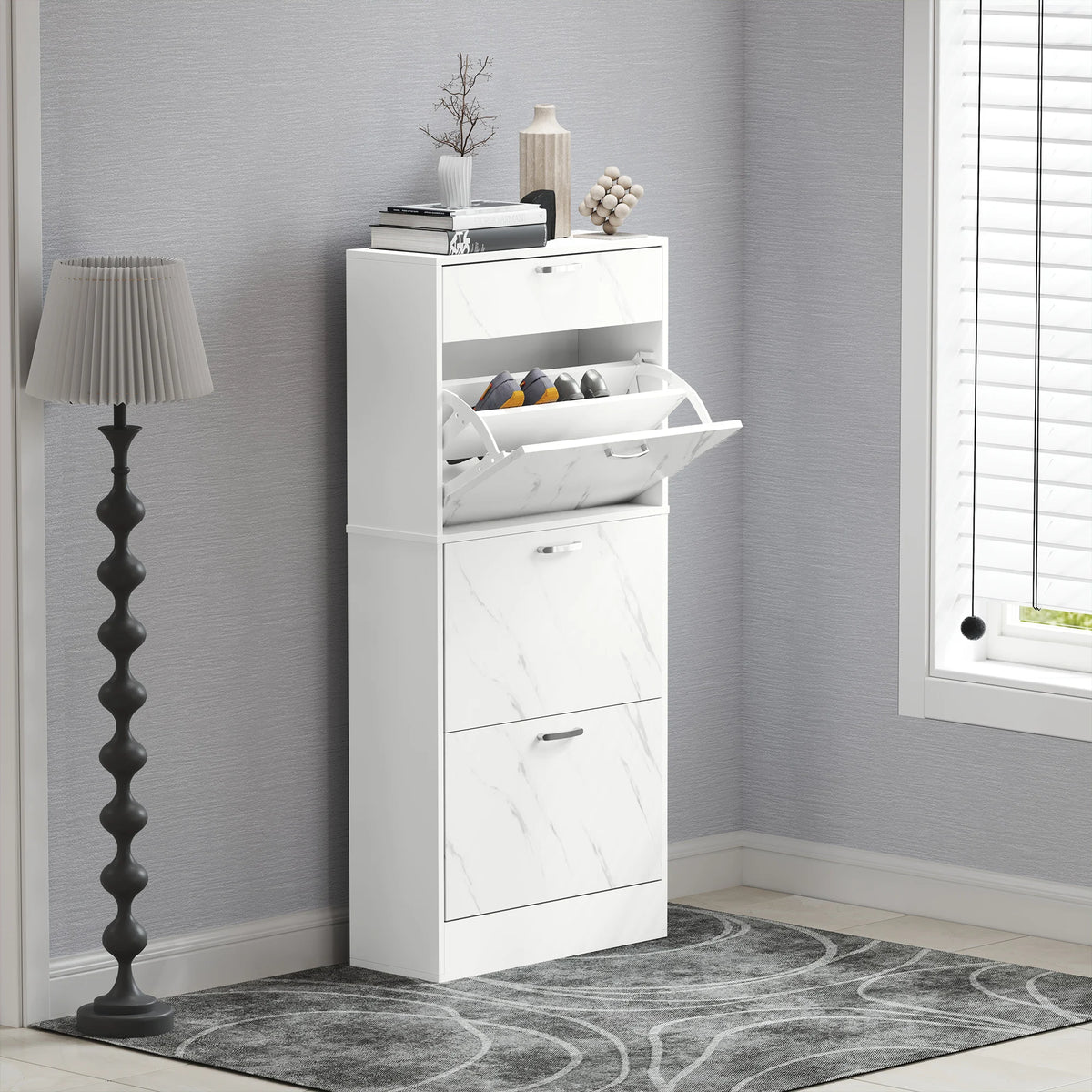 Shoe Cabinet for 18 Pairs with 3 Flip Drawers Two Position Inner Shelf Top Drawer Marble Effect Black