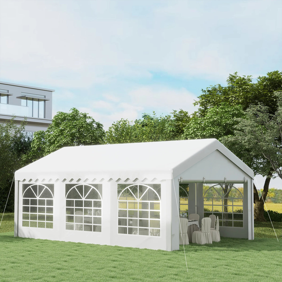 Garden Gazebo 4x6m Carport Shelter with Removable Sidewalls Double Zipper Doors and 6 Church Windows Cream