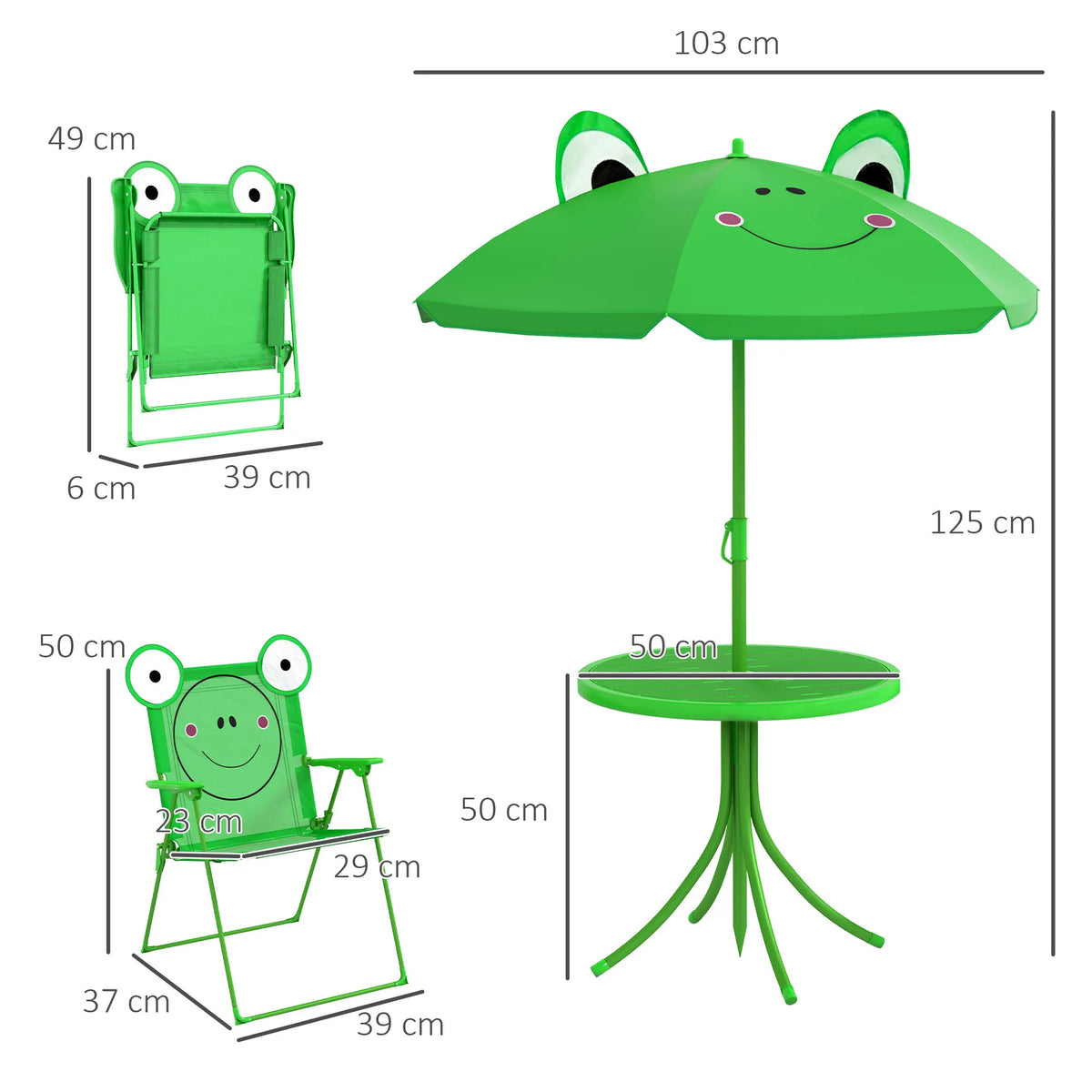 Kids Folding Picnic Table and Chair Set with Parasol Frog Design 2 Deck Chairs Metal Frame Green