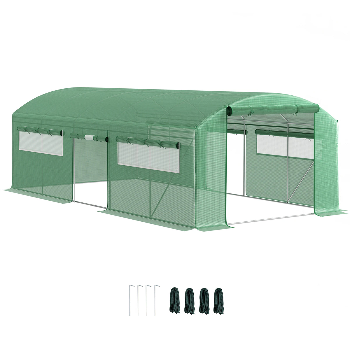Walk In Polytunnel Greenhouse 6x3x2m with 3 Roll Up Doors 6 Mesh Windows 140gsm Reinforced Grid Cover