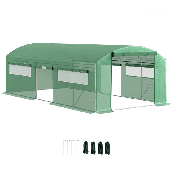 Walk In Polytunnel Greenhouse 6x3x2m with 3 Roll Up Doors 6 Mesh Windows 140gsm Reinforced Grid Cover