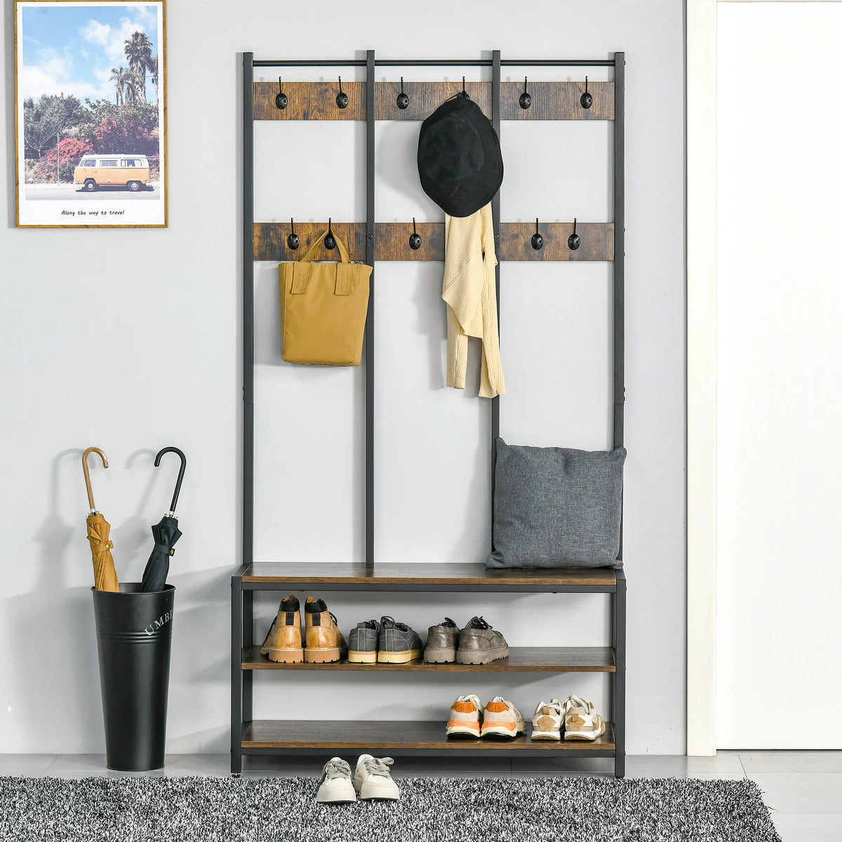 3 in 1 Hall Tree Coat Rack with 12 Hooks and 3 Tier Shoe Bench Industrial Metal Frame Anti Toppling