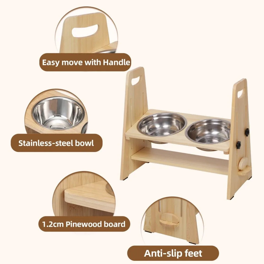 Height Adjustable Elevated Dog Bowl Stand Pine Wood 2 Stainless Steel Bowls 43x24.5x40.5cm