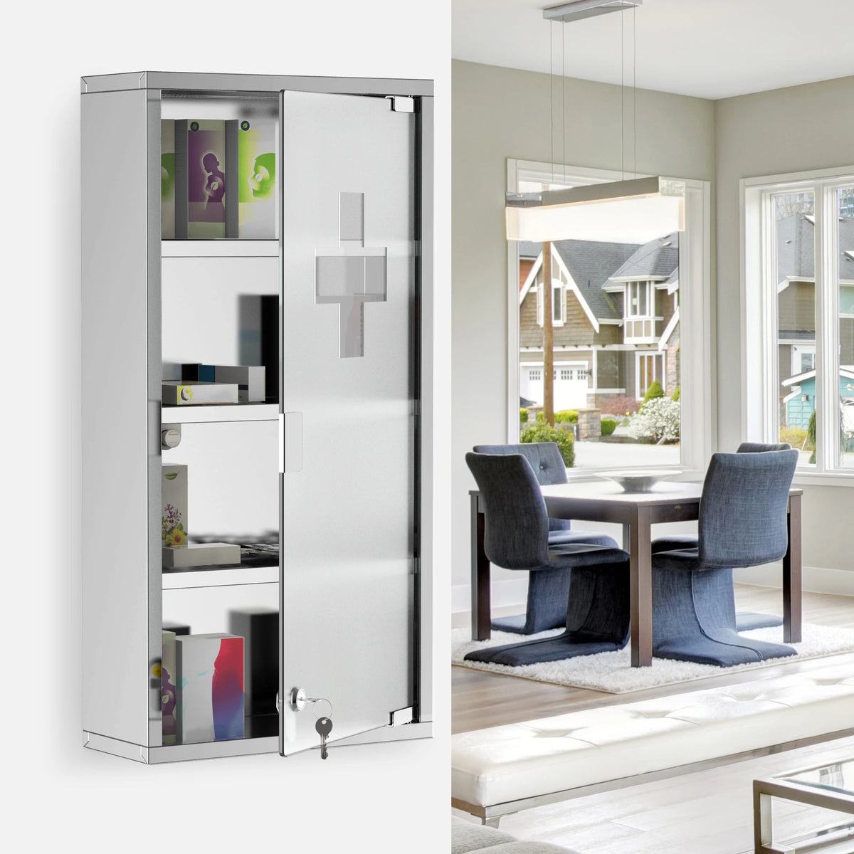Lockable Medicine Cabinet with 4 Tier Shelves Stainless Steel Glass Door 2 Keys First Aid Cross