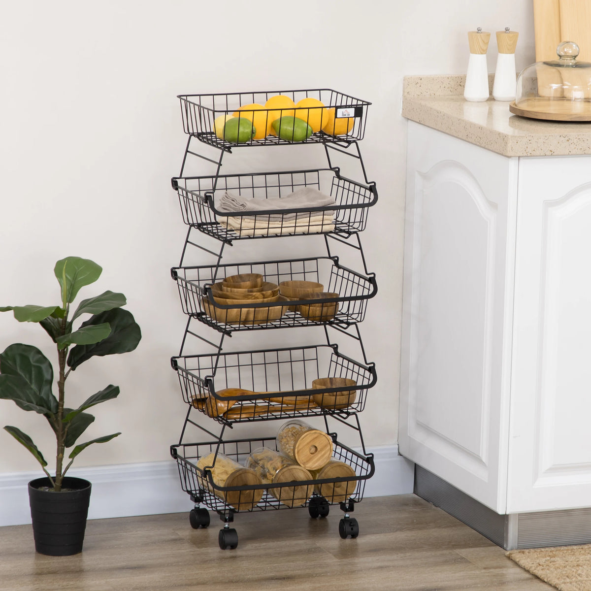 5-Tier Stackable Wire Storage Basket Trolley with Wheels, Black