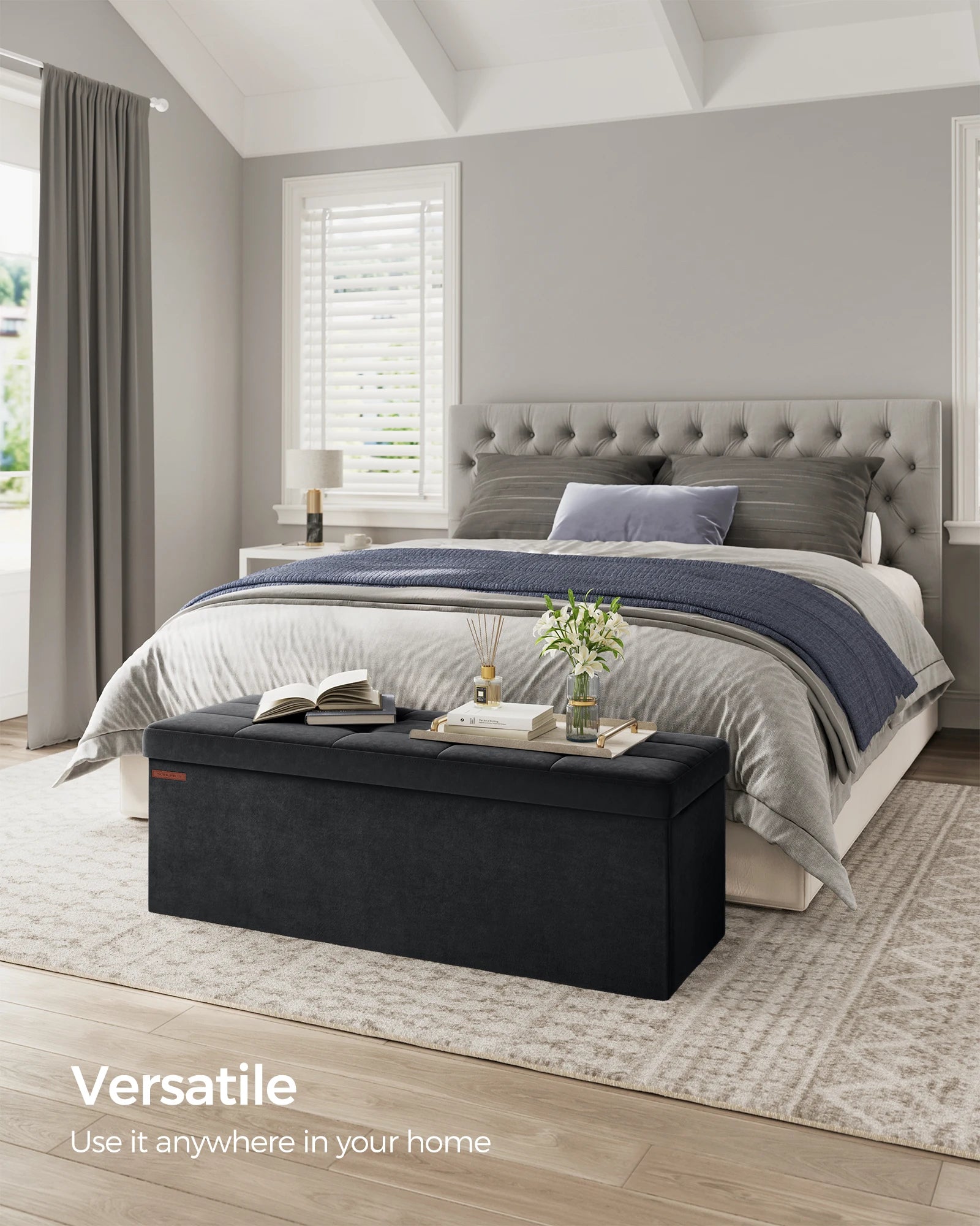 Large Velvet Storage Ottoman Bench 110cm with 131L Capacity | 300kg Tufted Footstool with Storage Boxes
