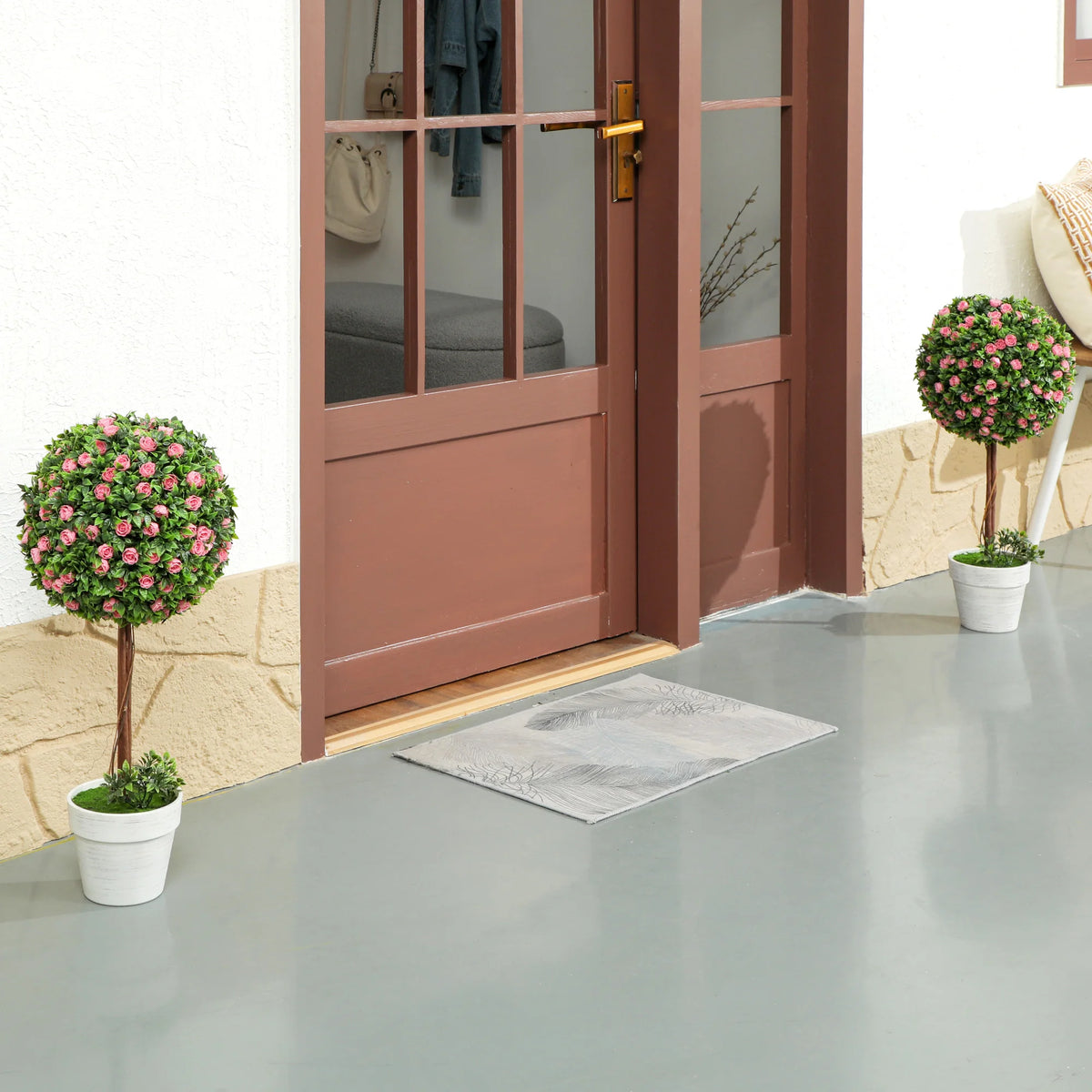 Set of 2 Artificial Ball Topiary Trees with Rose Flowers 60cm Potted UV Resistant Faux Plants Pink