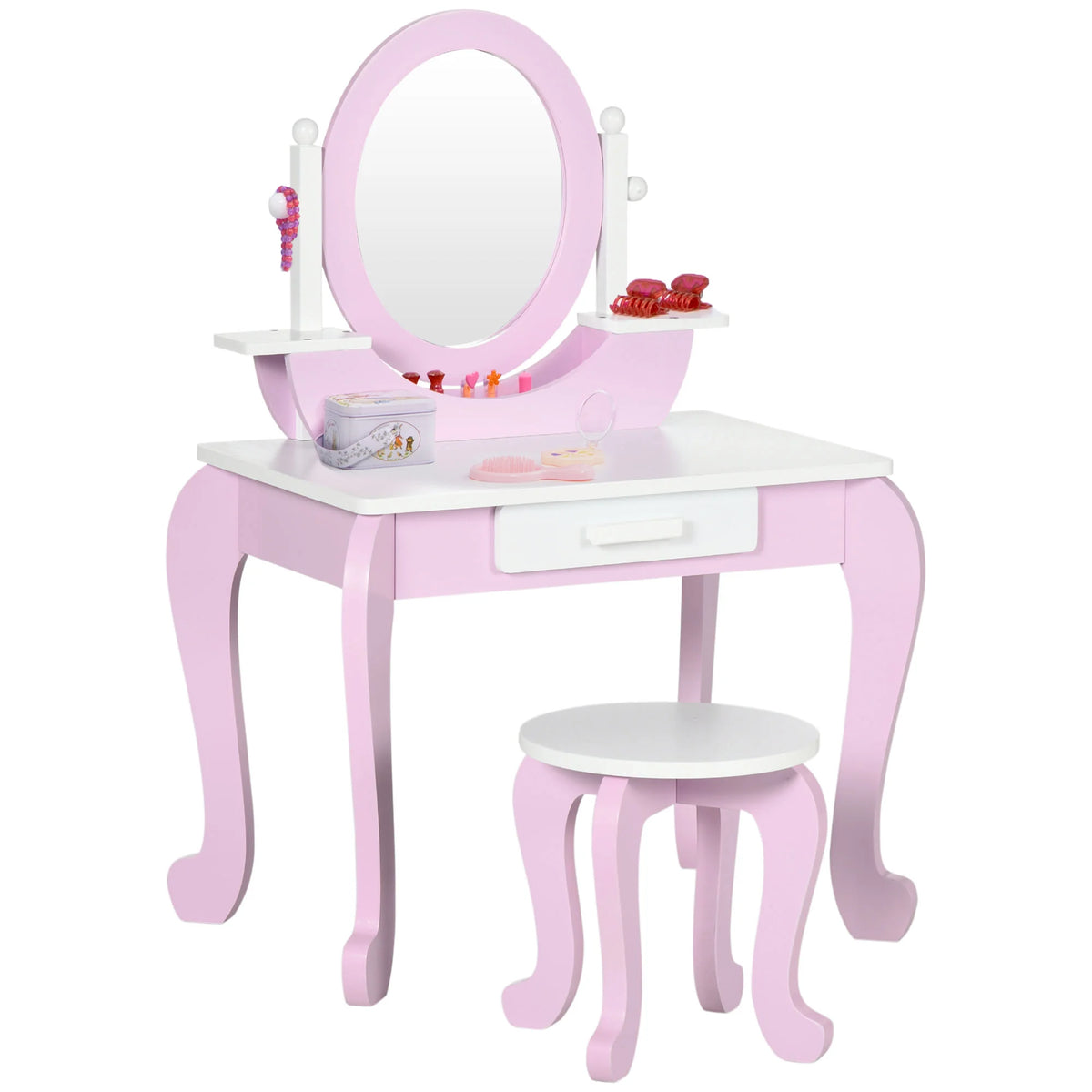 Kids Dressing Table and Stool with Acrylic Mirrors Drawer Wide Tabletop MDF Rounded Edges Ages 3-6 Pink