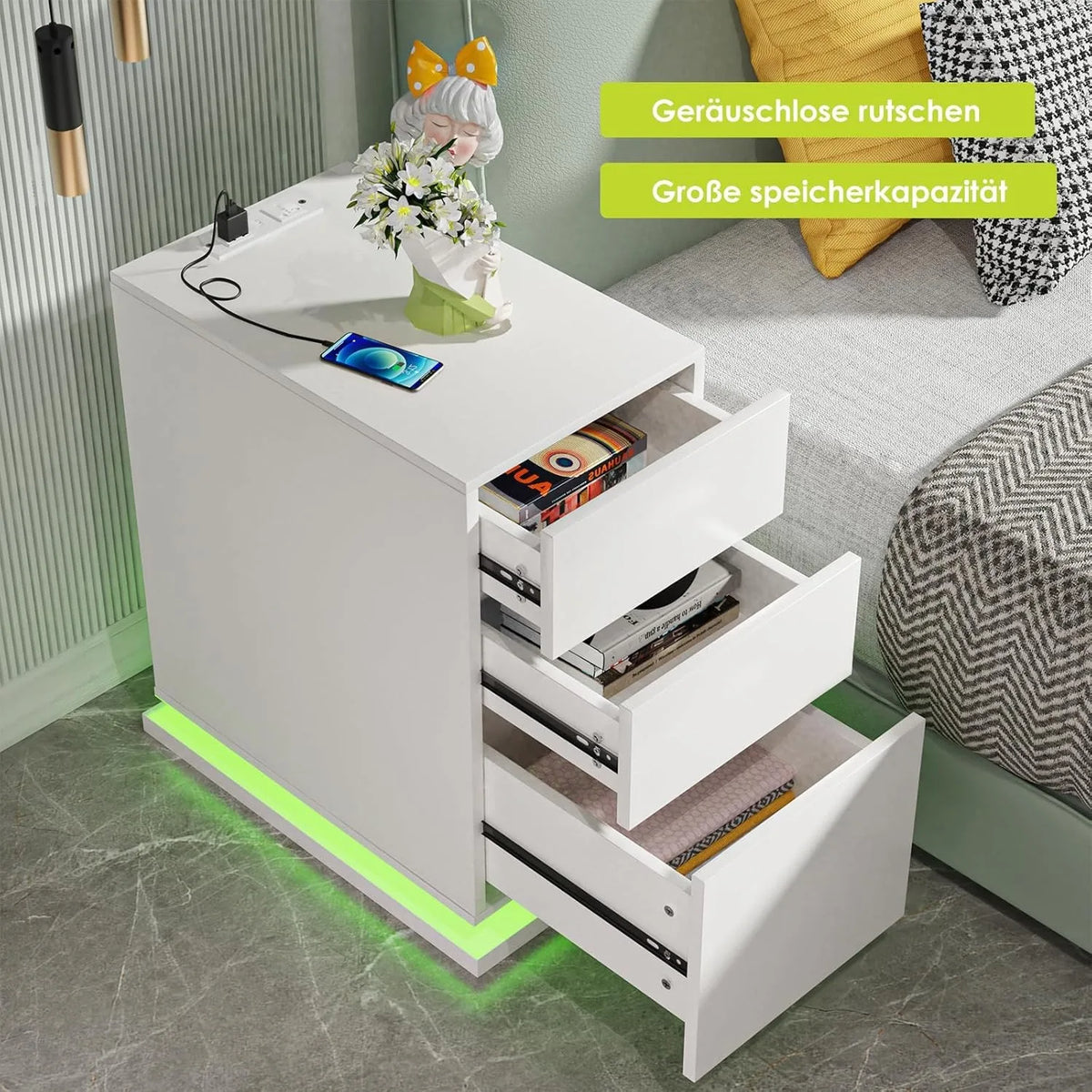 White Bedside Table with 3 Drawers, LED Strip, and Charging Station | 2AC 2USB Nightstand with App Control