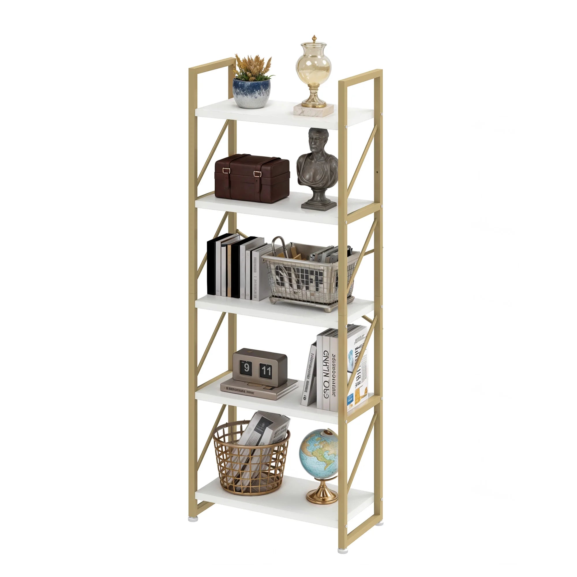 YITAHOME 5-Tier Tall Bookcase, Metal Frame Industrial Bookshelf Display Storage for Living Room Bedroom Office Gold