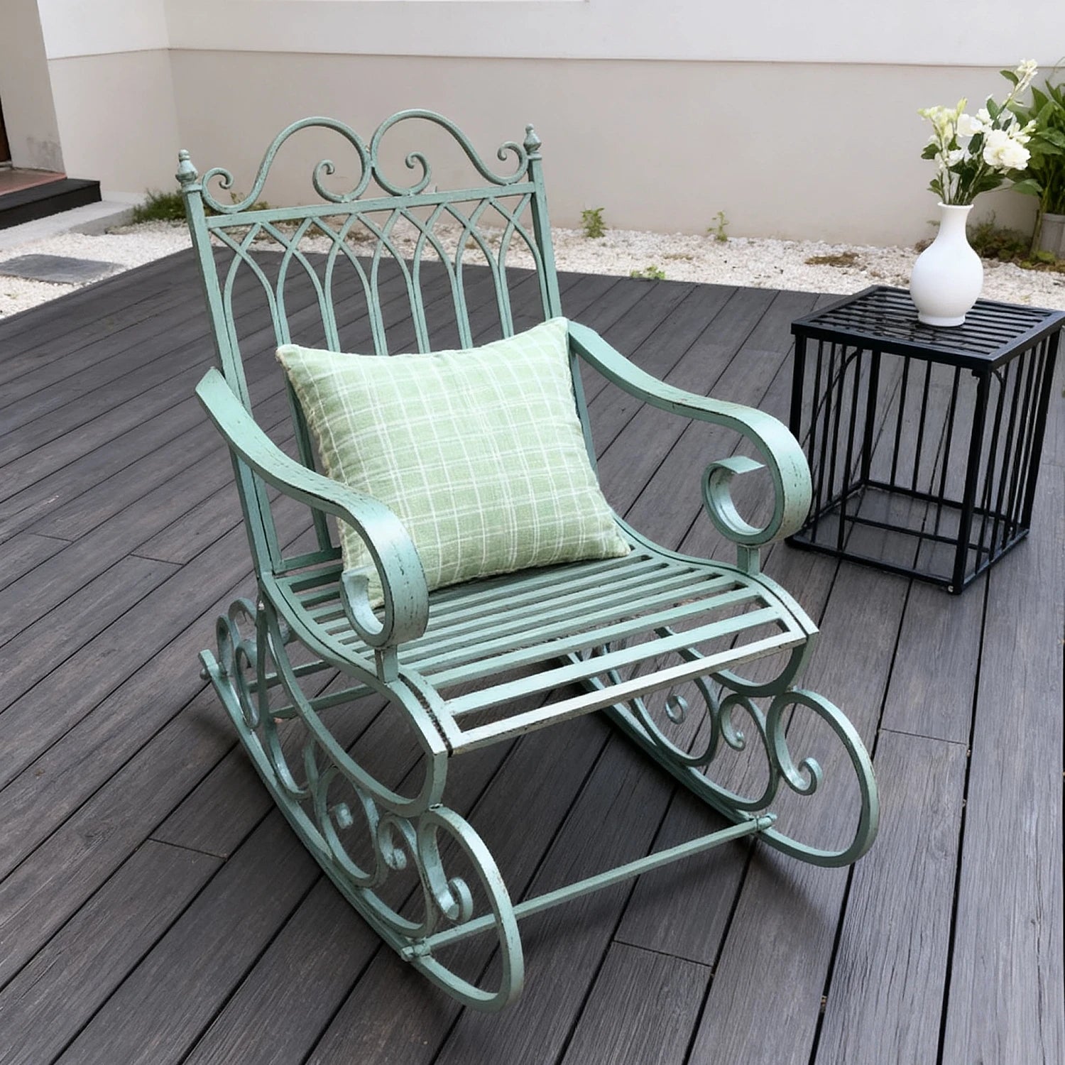 Vintage Wrought Iron Rocking Chair Scroll Design for Garden Patio Balcony Yard Living Room Outdoor Indoor