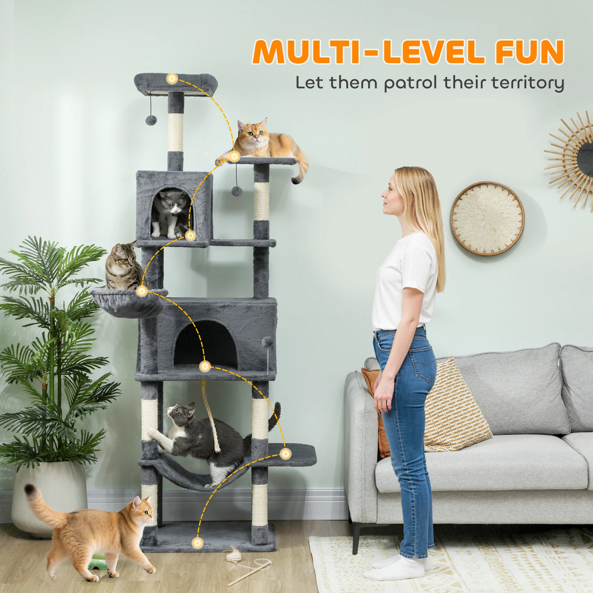 Cat Tree 202cm Tower with 2 Condos 2 Hammocks 2 Perches Sisal Scratching Posts and Anti Tip Kit