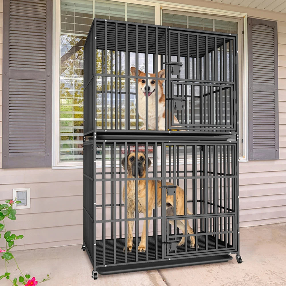 BORWART Oversized Stackable Double Layer Dog Crate 107x77.5x156.5cm Heavy Duty Lockable Wheels for Medium Large Dogs