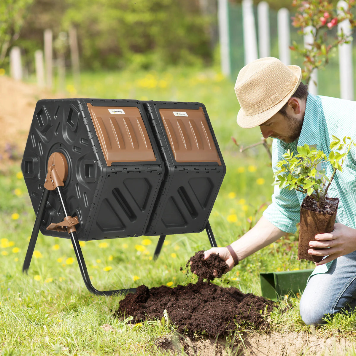 Dual Chamber Rotating Composter, 130L Compost Bin with Ventilation Openings