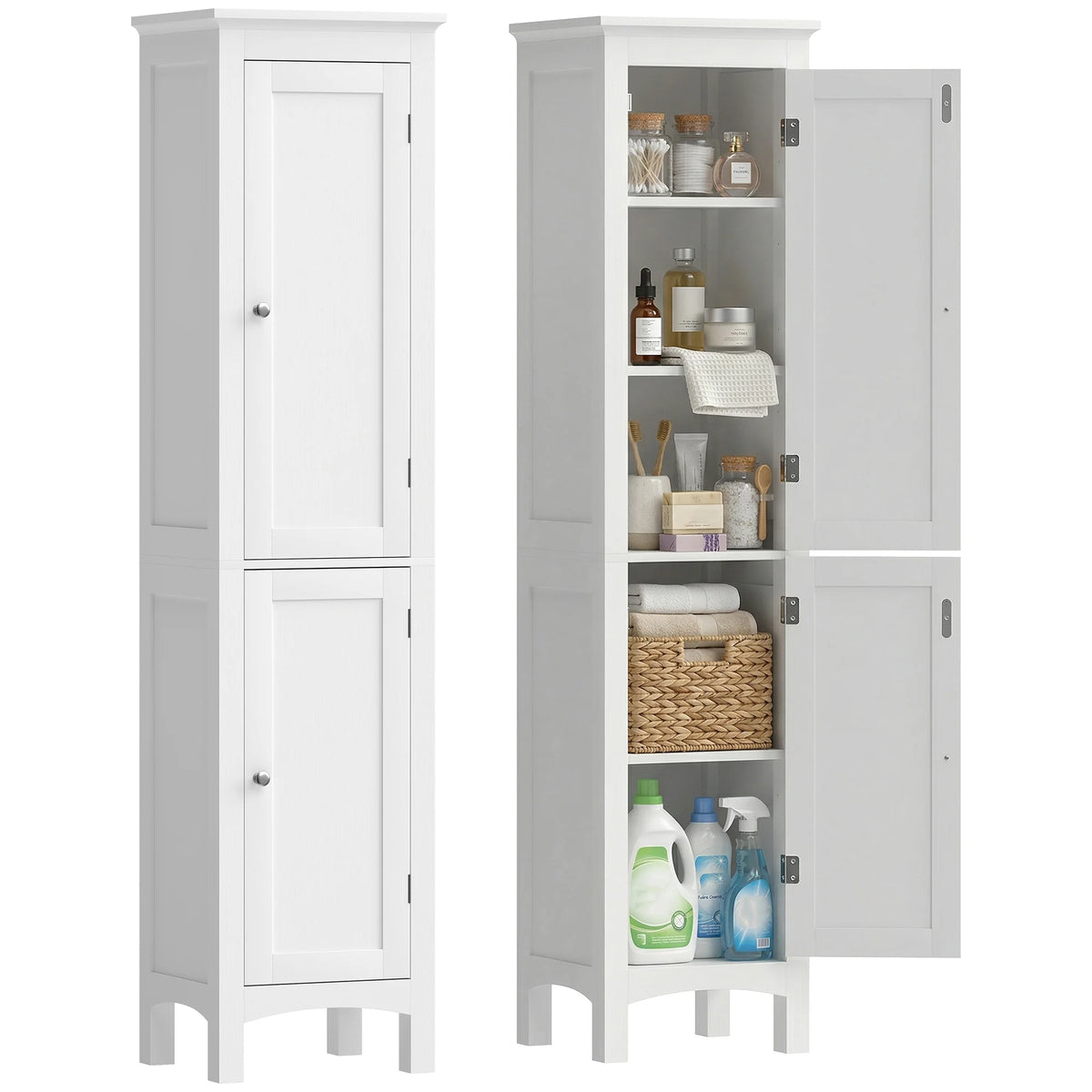 Tall Bathroom Storage Cabinet with Double Doors and Adjustable Shelves, White