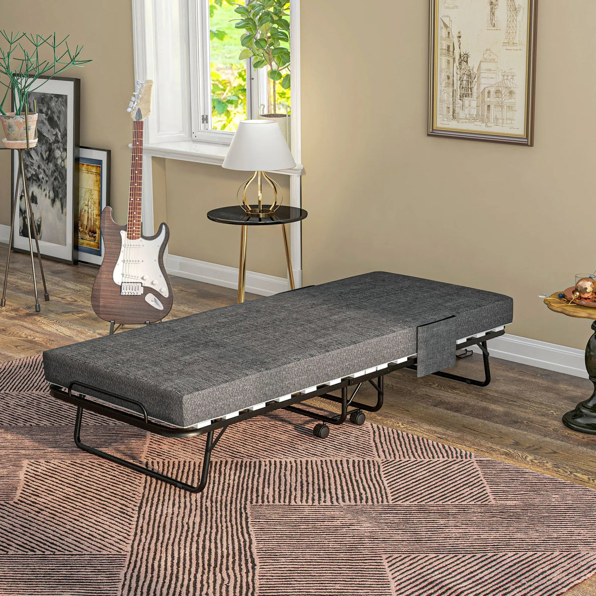 Folding Guest Bed with 10 cm Mattress and Lockable Wheels, Single 190 x 80 cm, Dark Grey