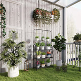 3 Tier Metal Plant Stand with Hanging Rod and Hooks 75x25x137cm Ladder Flower Rack Indoor Outdoor Black