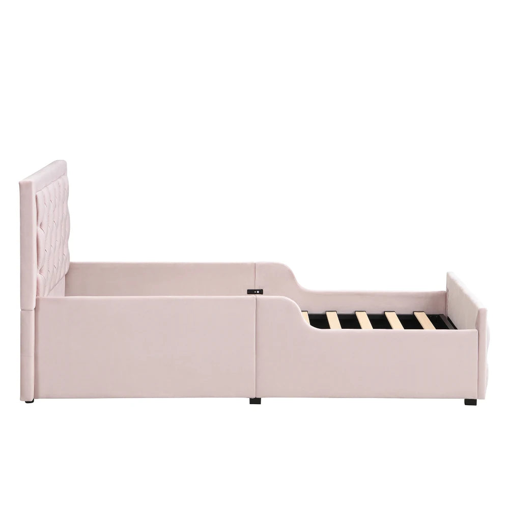 Upholstered Single Bed 3FT 90 x 190cm, Children's Hydraulic Storage Bed with Headboard, Pink Velvet