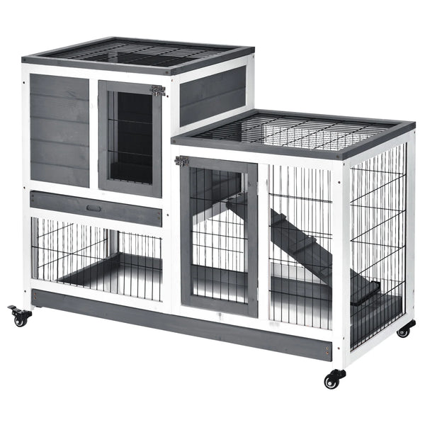 Indoor Rabbit Hutch Elevated 2 Tier Bunny Cage with Enclosed Run Ramp 4 Wheels and Removable Trays