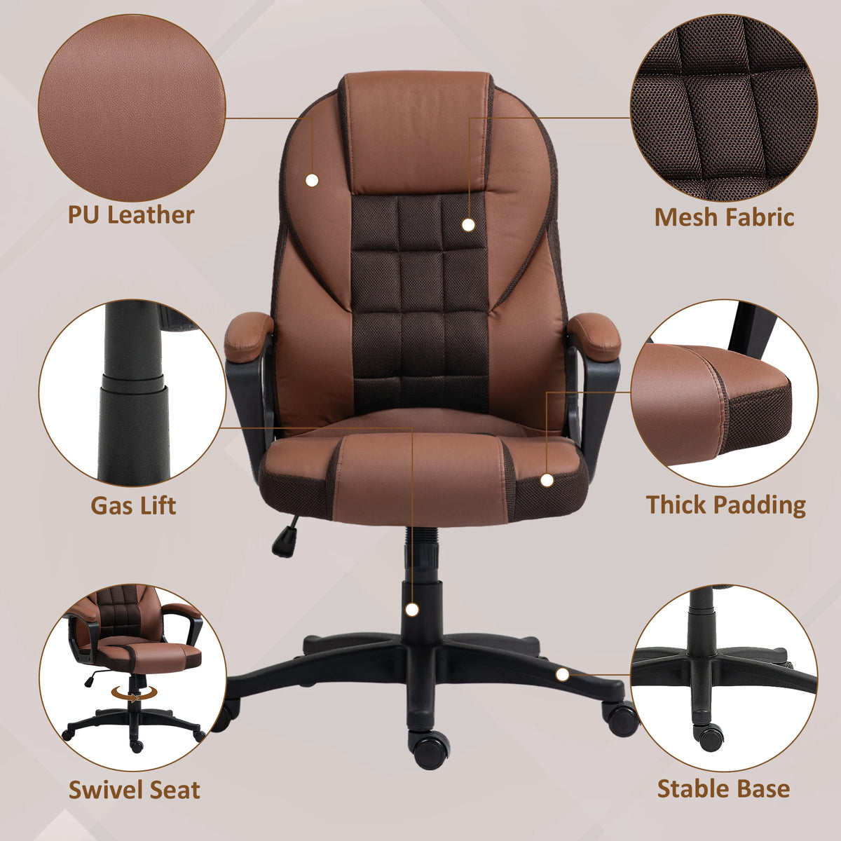 Executive Office Chair High Back with Mesh Back Panel Tilt Function 48-58cm Height 120kg PU Castors Brown
