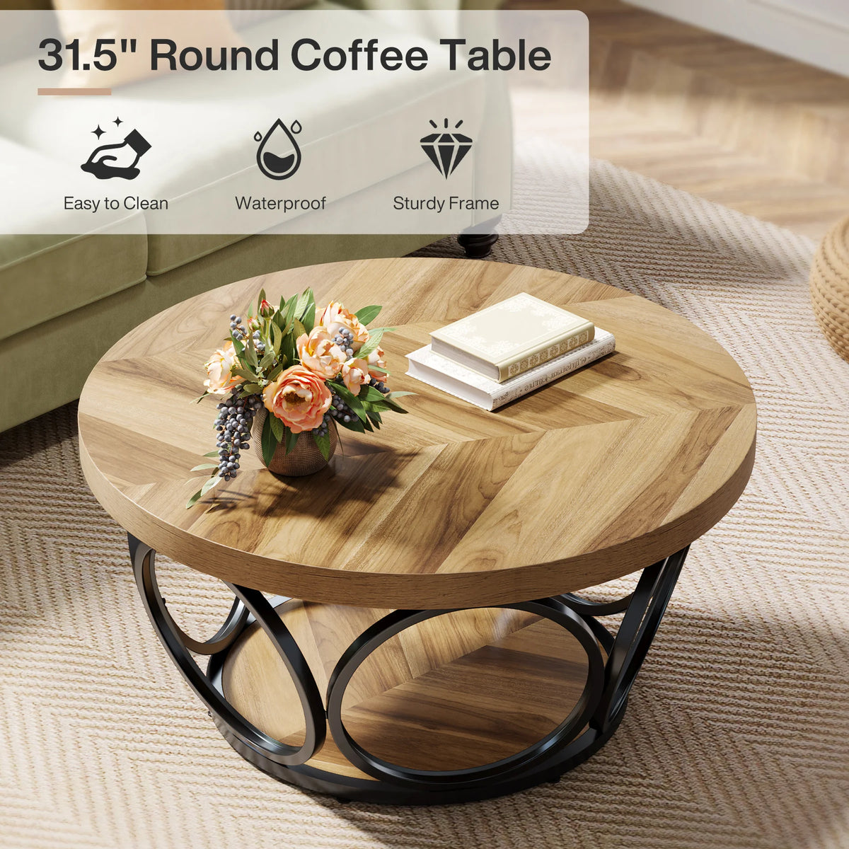 Round Coffee Table 80cm Wooden Center Table with 2 Tier Storage Farmhouse Style