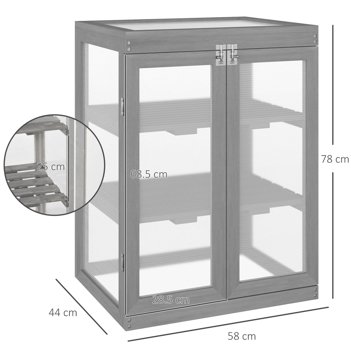 Wooden Cold Frame Mini Greenhouse with Polycarbonate Panels and 2 Shelves, Dark Grey