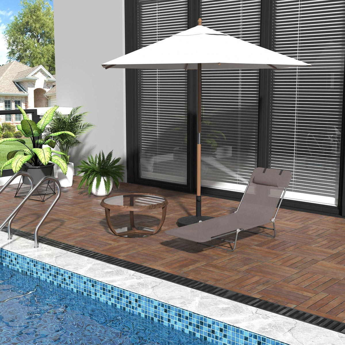 Folding Sun Lounger with Adjustable Back and Pillow, Coffee