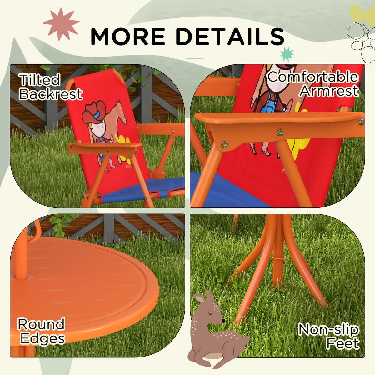 Kids Bistro Table and Chair Set Cowboy Theme with Adjustable Parasol 86-122cm and Folding Safety Lock Chairs