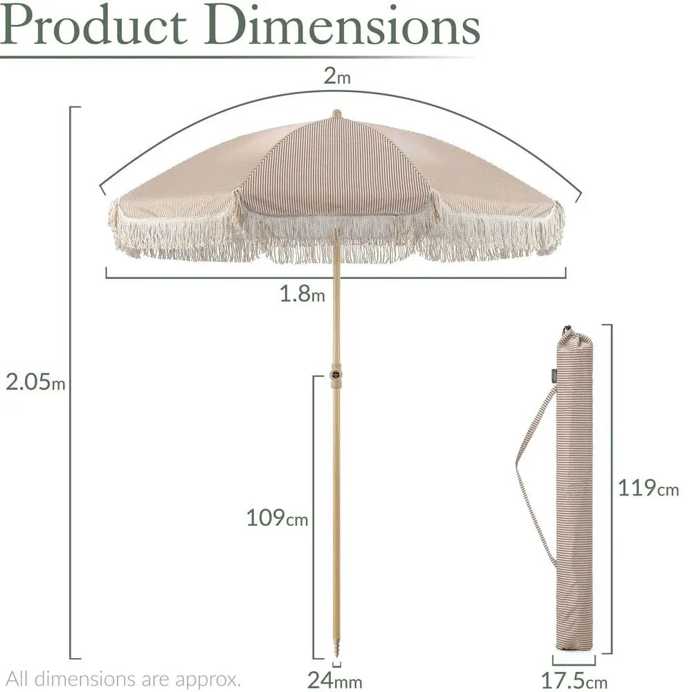 2m Tilting Garden Parasol with Cotton Tassels, Portable Beach Umbrella, UV50, Taupe Stripe