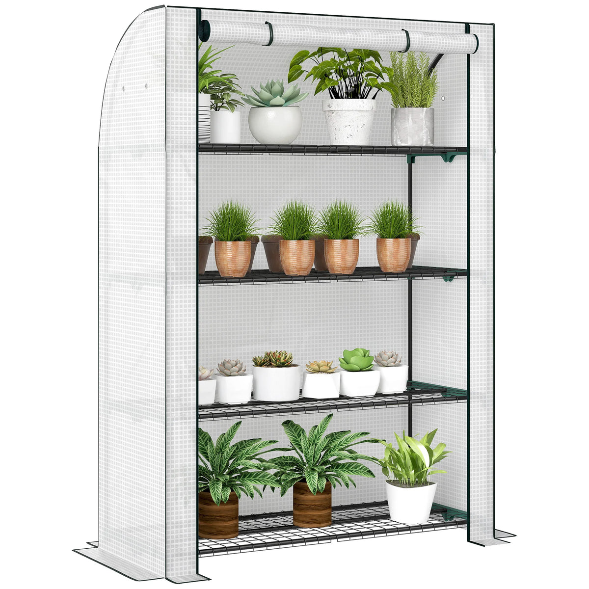 Mini Greenhouse with Reinforced PE Cover and 4 Shelves, Indoor and Outdoor, White