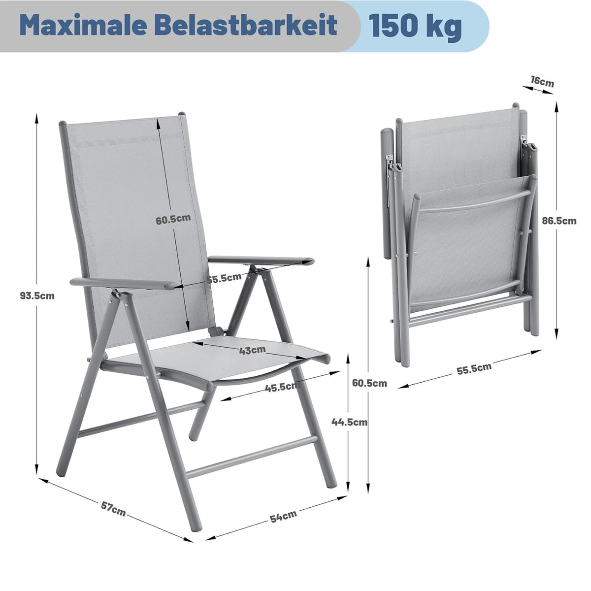 Set of 2 High Back Aluminium Folding Garden Chairs with Armrests 8 Position Adjustable for Patio Camping Balcony