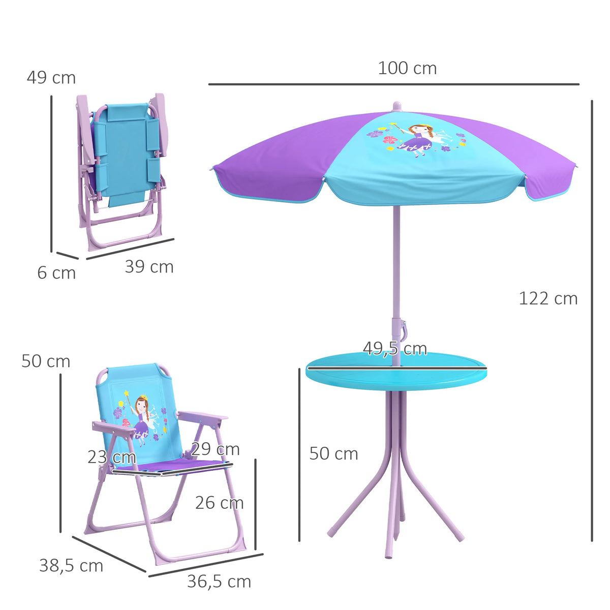 Kids Bistro Table and Chair Set Fairy Theme with 86-122cm Adjustable Parasol and Safety Lock Folding Chairs