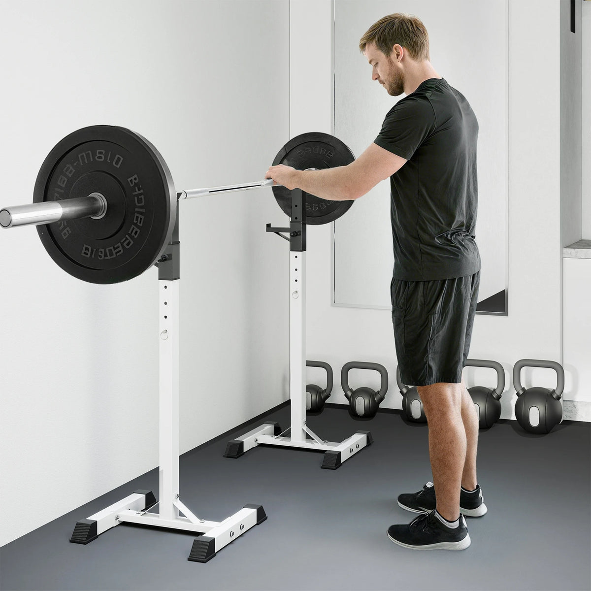 Adjustable Barbell Squat Stands, Pair, 105–160cm, 150kg Max Load, Black