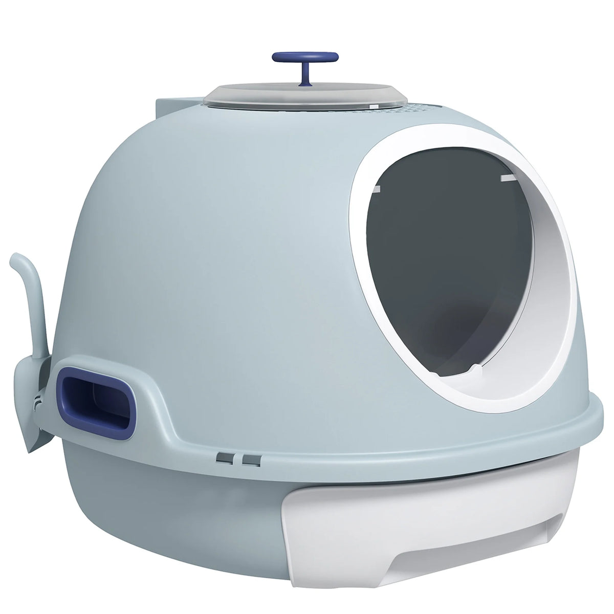 Capsule-Shaped Cat Litter Box with Front & Top Doors, Tile Blue