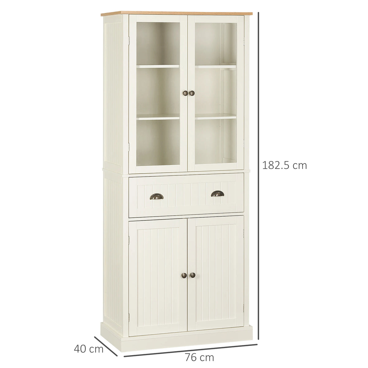5 Tier Kitchen Cupboard with Glass Doors and Adjustable Shelves, 76 x 40 x 182.5 cm, Cream