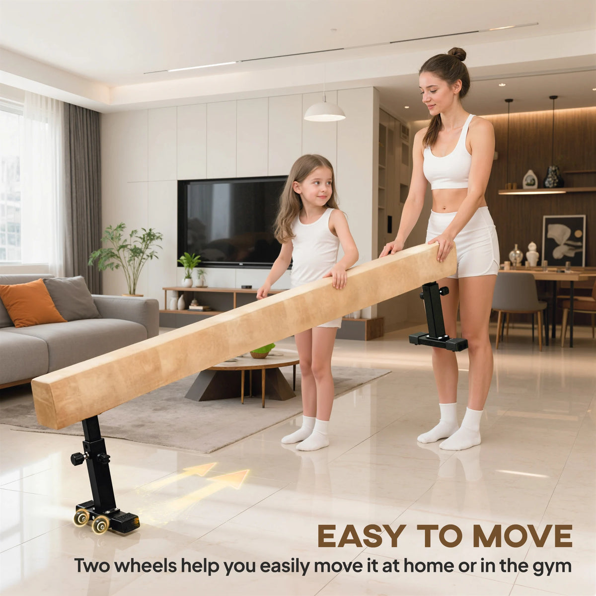226cm Adjustable Gymnastics Balance Beam with Wheels, Suede-Feel Cover