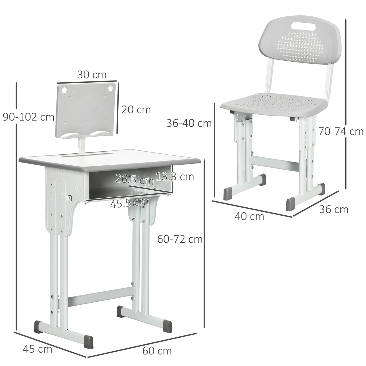 Kids Desk and Chair Set, Adjustable Height, Drawer, Book Stand, Grey
