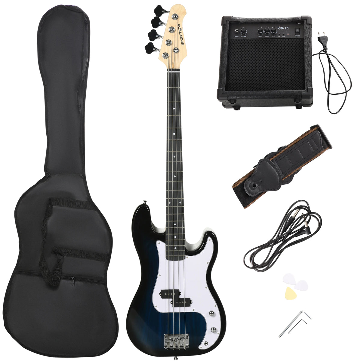 Full Size Electric Bass Guitar Beginner Kit with 15W Amp, Bag and Strap, Blue