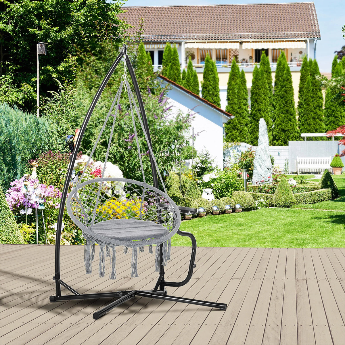 Hammock Chair Stand C Shaped Heavy Duty Powder Coated Metal with X Base and Side Table Indoor Outdoor